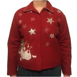 Vtg Take Two Christmas Jacket Women's M Red Snowman Stars Snowflakes Applique
